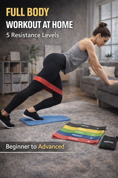 A instructional ad creative demonstrating a resistance band workout with clear labeling of progression levels.